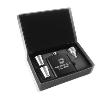 6 oz. Black Stainless Steel Flask Set in Black/Silver Laserable Leatherette Box Thumbnail